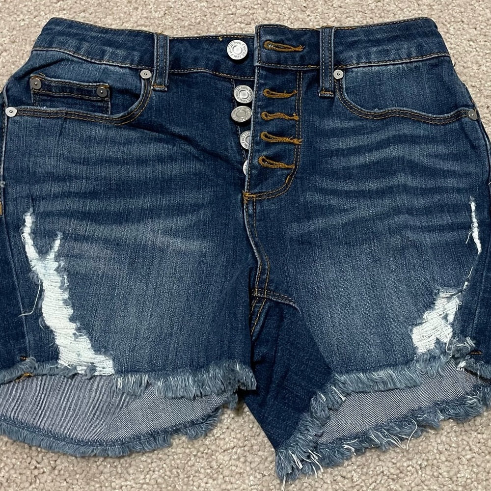 Indigo Rein Dark Blue Distressed Jean Shorts